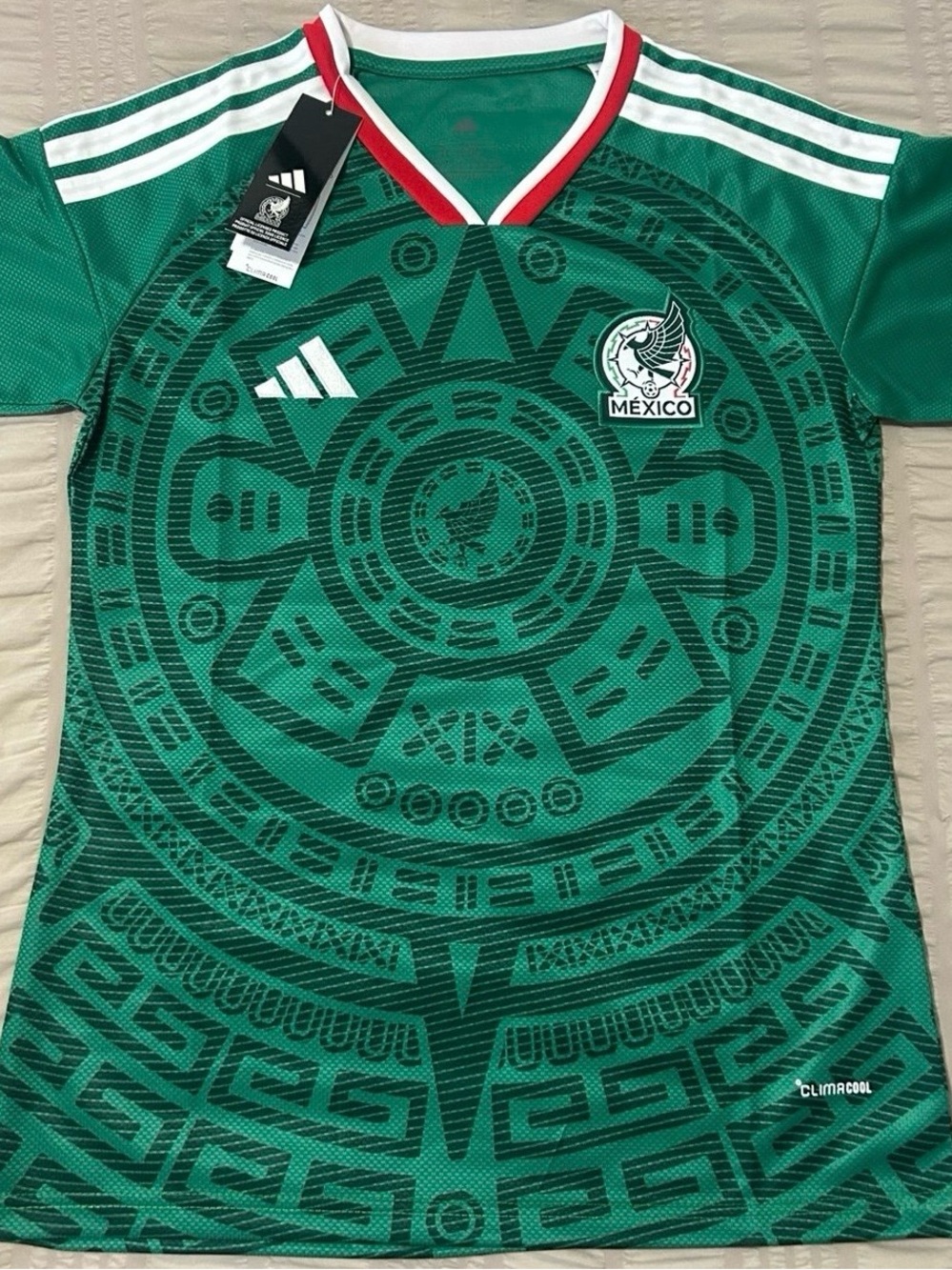 adidas Originals Green Mexico Aztec-Print Jersey with White Stripes and Red Trim